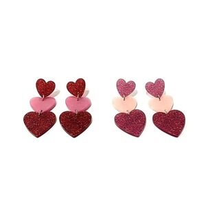 2 Pair of Valentine's Day Heart Shape Acrylic Drop Earrings 3 Tiered Red & Pink